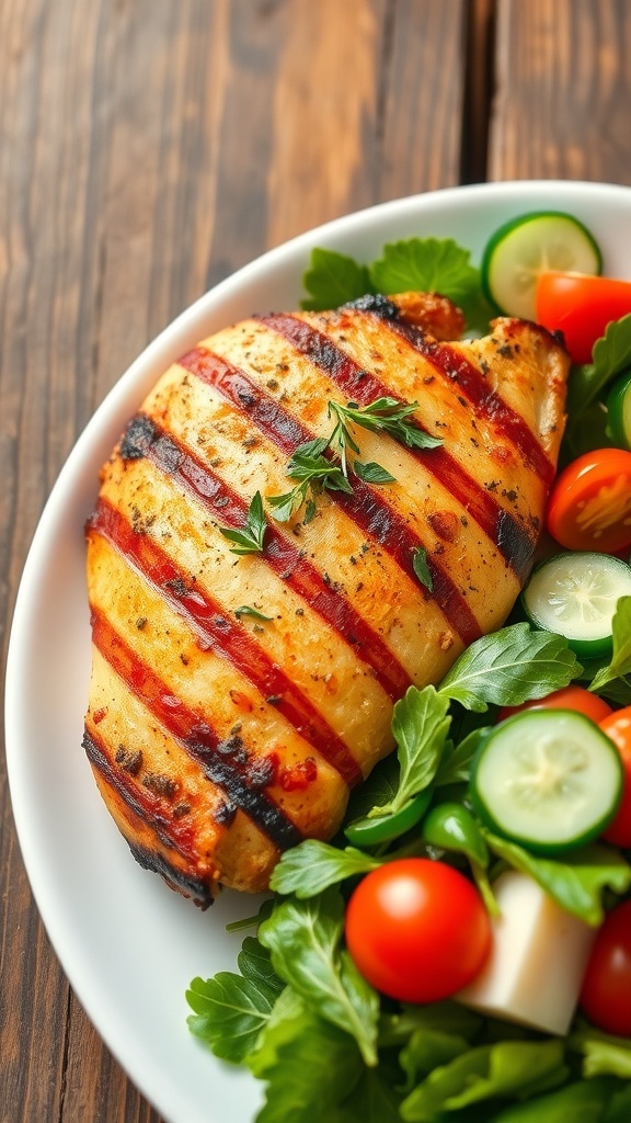 Juicy Grilled Chicken Recipe Juicy grilled chicken breast on a plate with salad, garnished with herbs.